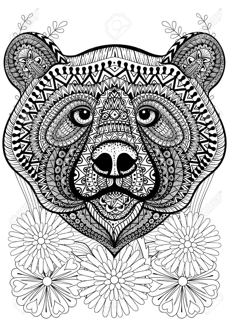 Stylized bear face on flowers hand drawn ethnic animal for adult coloring pages art therapy boho t