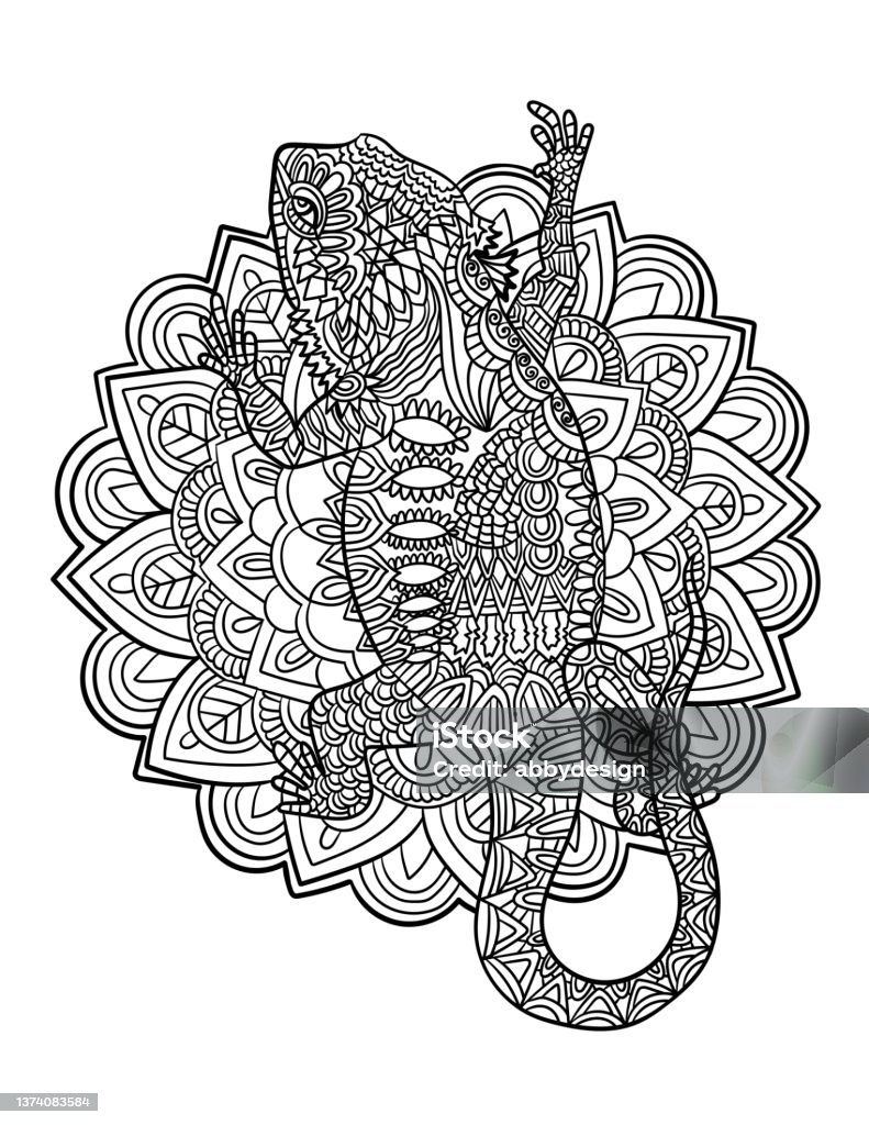 Bearded dragon mandala coloring pages for adults stock illustration