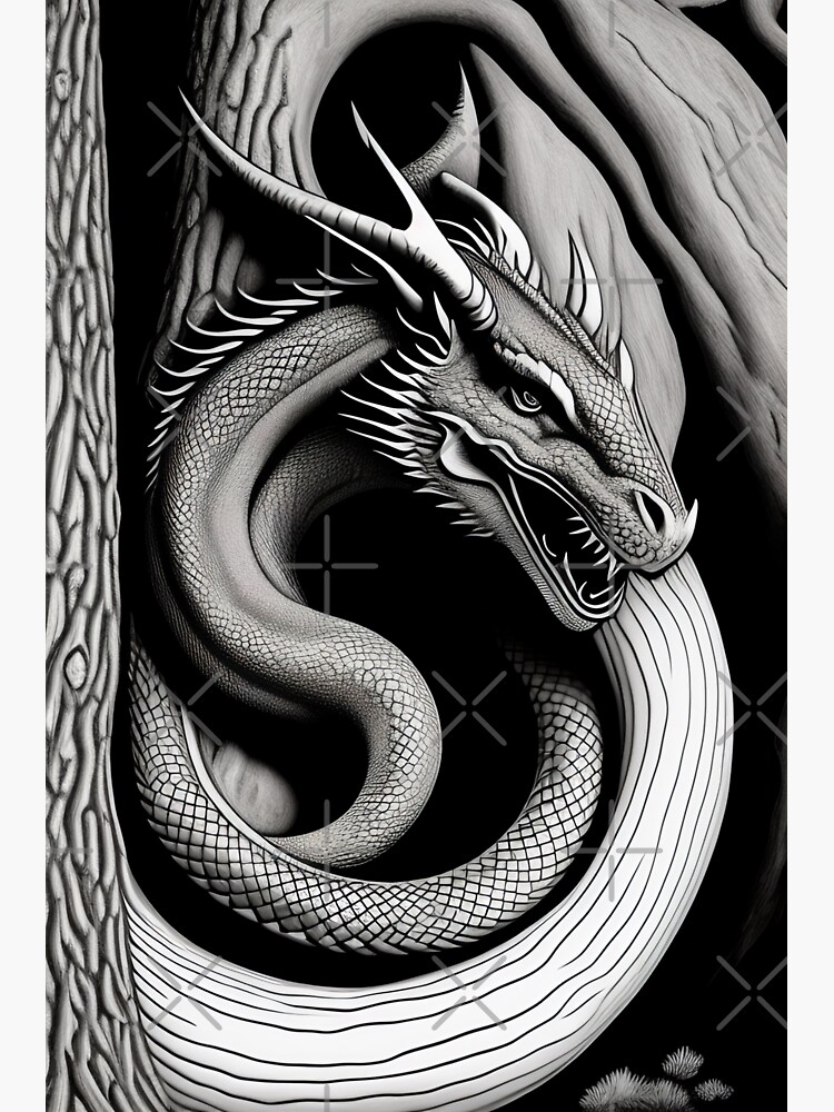 Coloring page of a dragon coiled around a tree sticker for sale by miki
