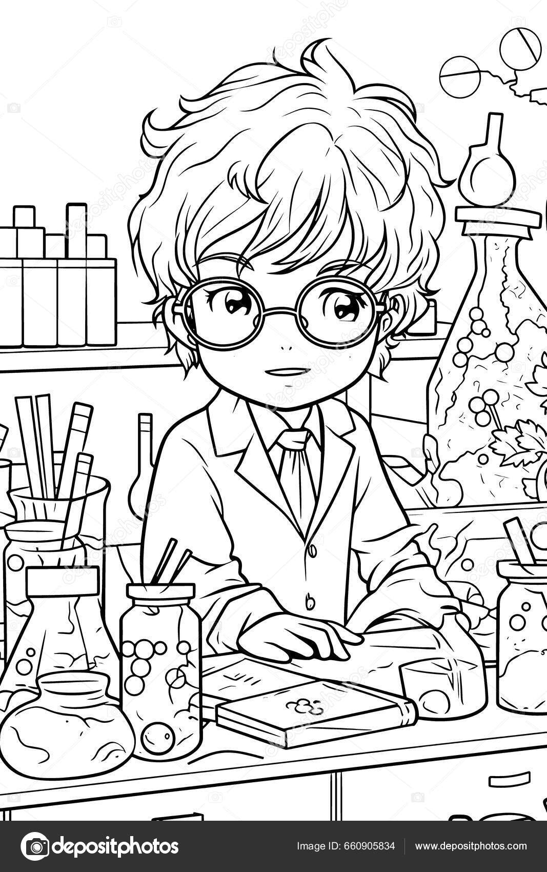 Scientist black white coloring pages kids simple lines cartoon style stock photo by george