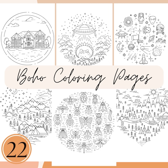 Boho coloring pages for adults simple coloring pages for relaxation stress relief boho landscape coloring book digital coloring book