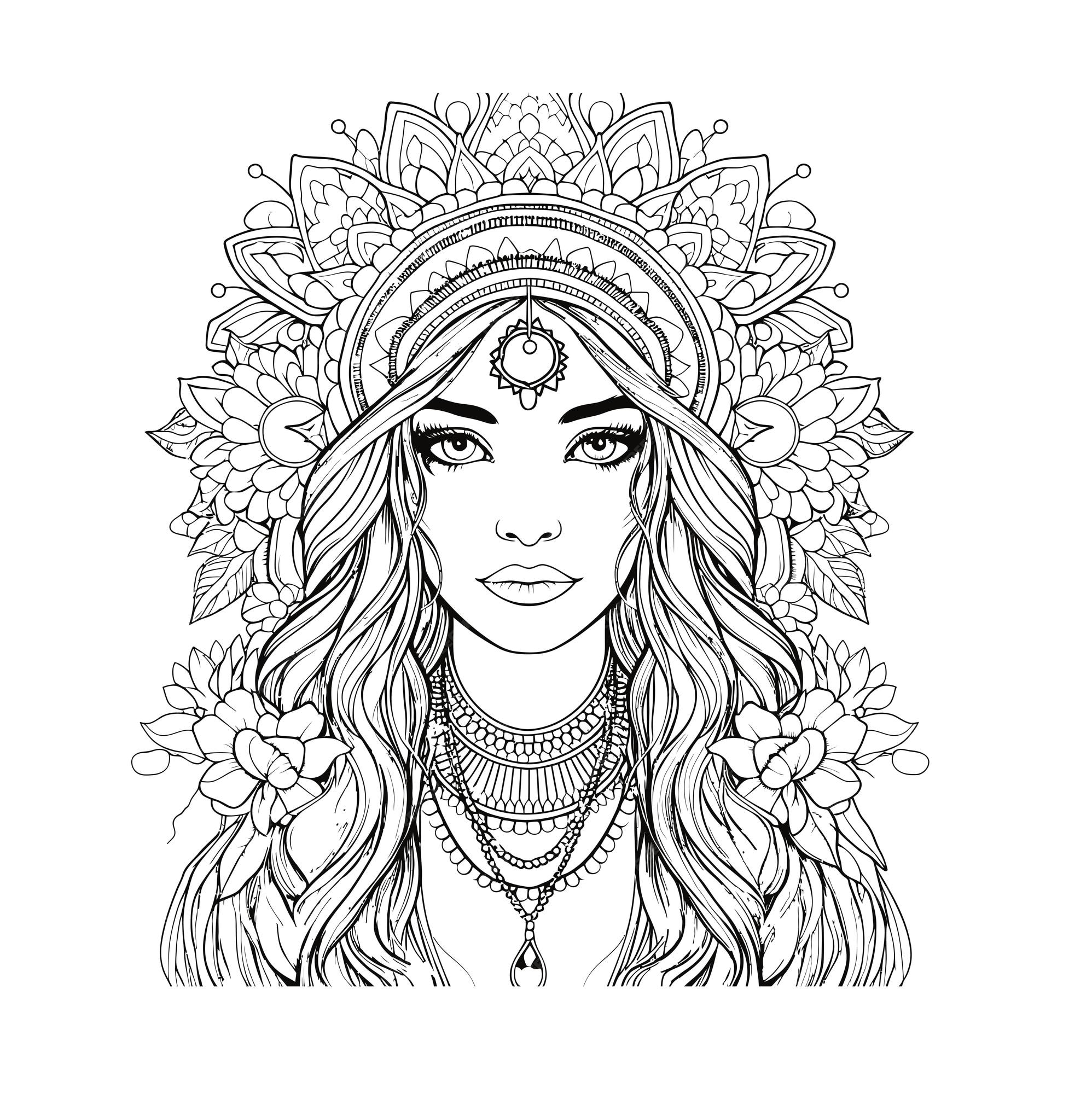 Premium vector boho style hippie only one girl coloring page for adults