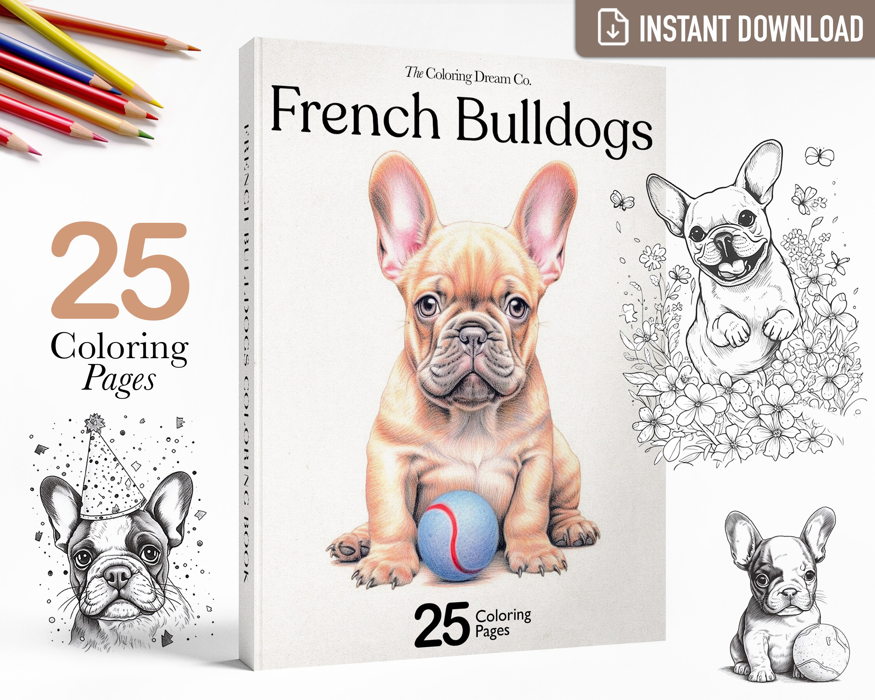 French bulldog coloring book frenchies printable coloring pages printable pdf adults kids coloring pages grayscale instant download download now