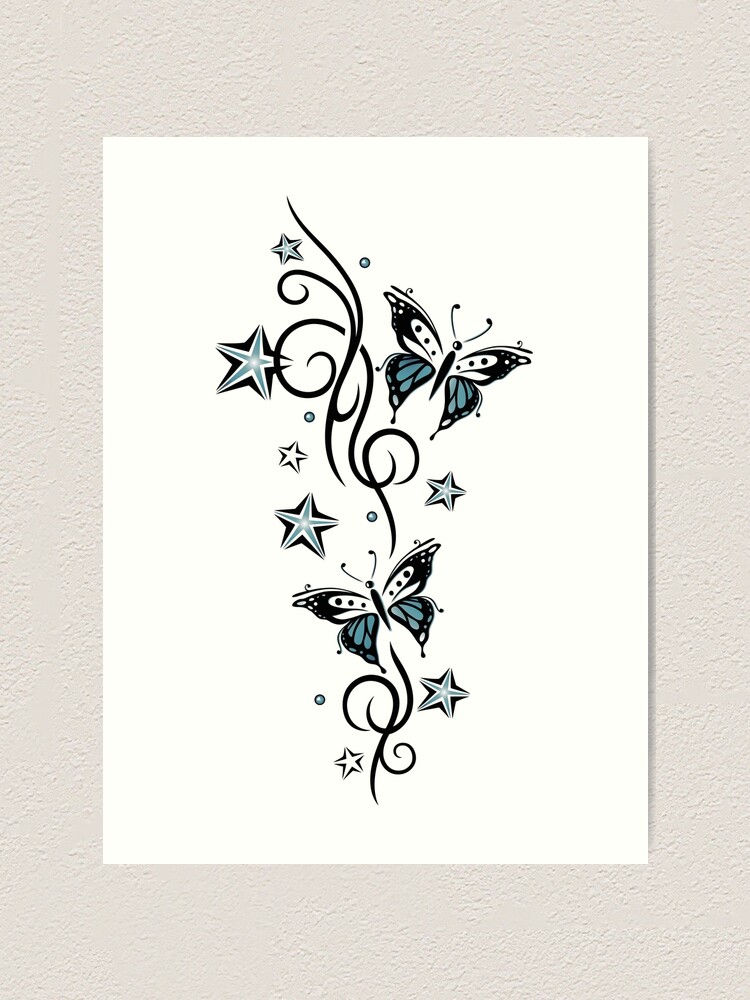 Tattoo tendril with stars and butterflies art print for sale by christine krahl