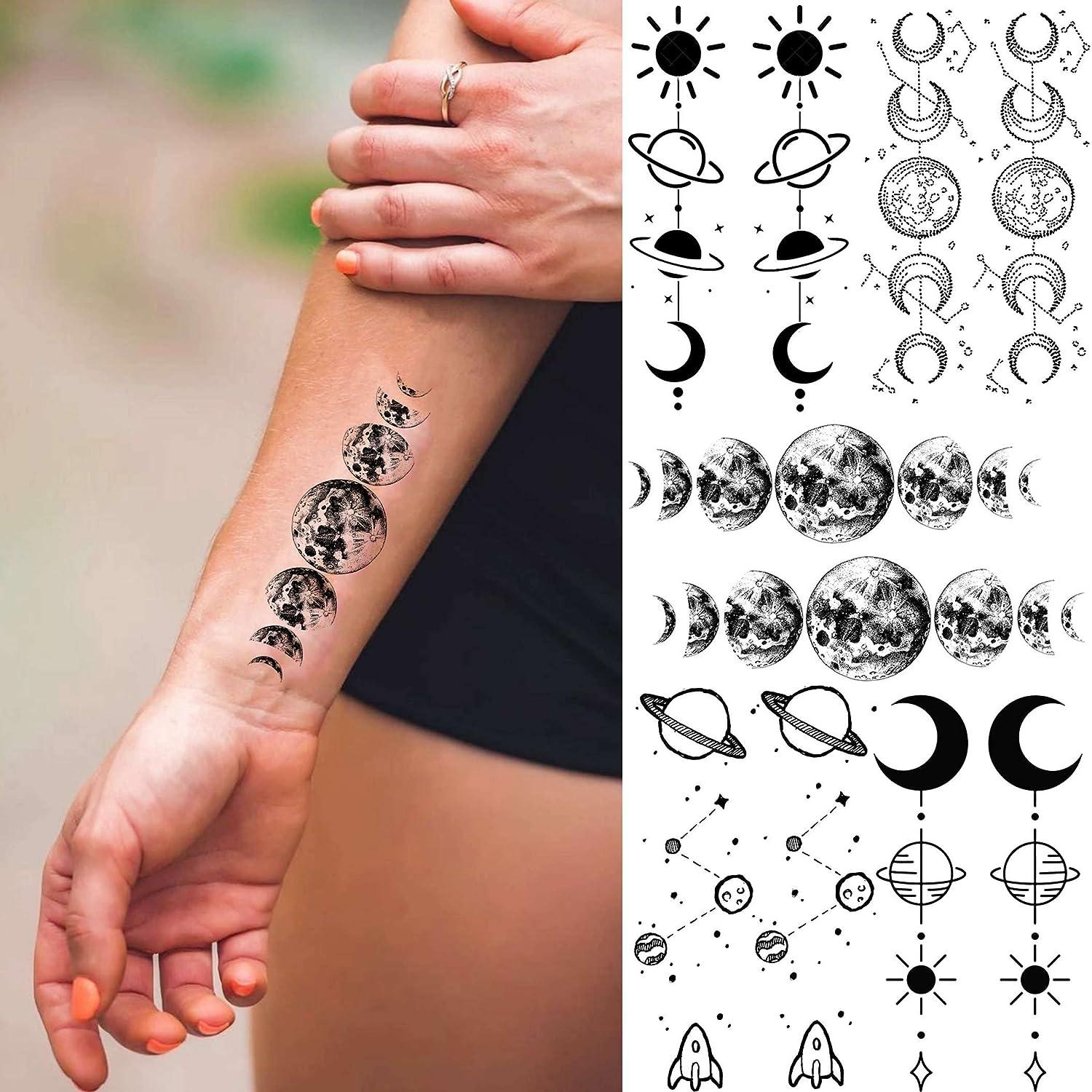 Shegazzi sheets realistic space planets chain temporary tattoos for women men arm neck butterfly solar system moon sun star fake tattoo sticker small universe tatoos kids girls boys forearm body