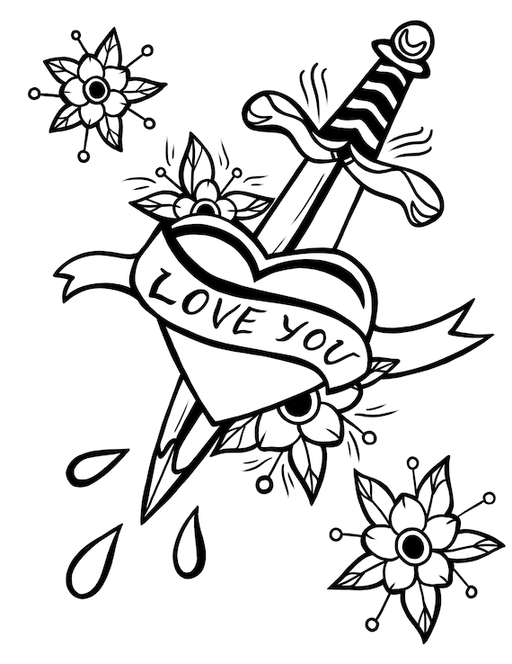 Old school traditional style tattoo digital coloring page bundle instant download printable