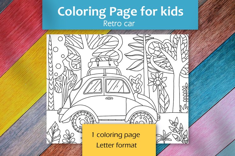 Coloring page for children pdf retro car forest traveling