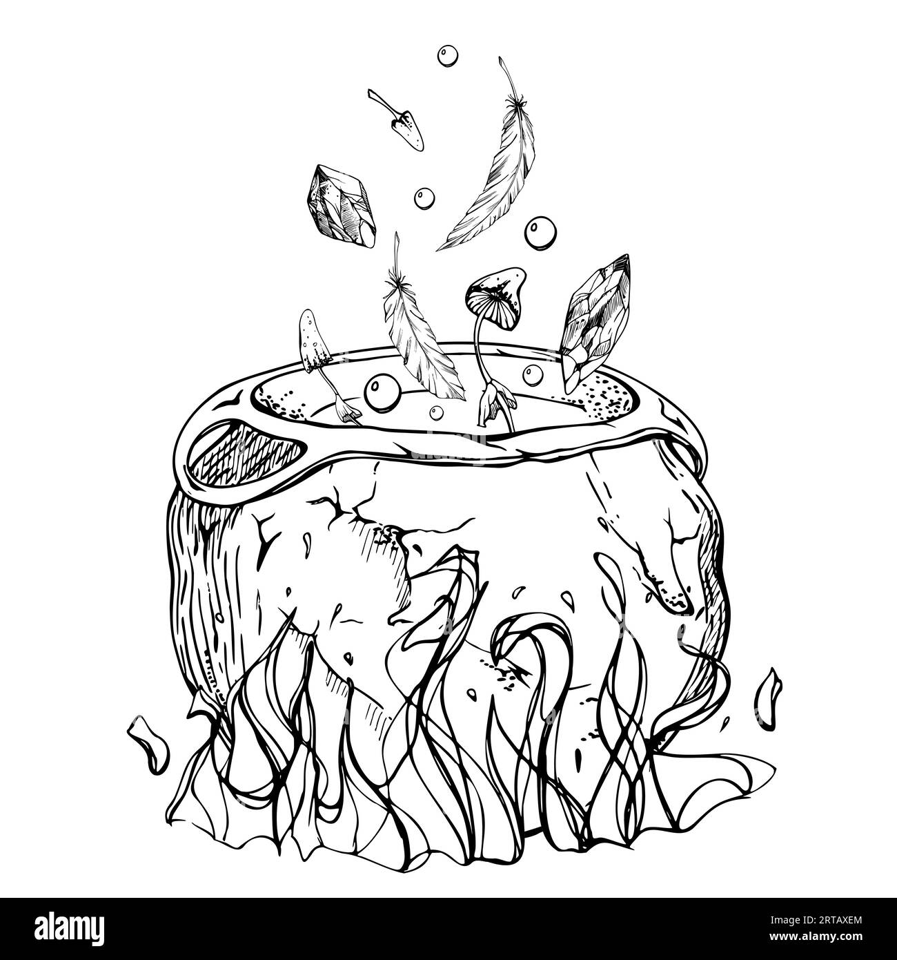 Hand drawn ink vector witch cauldron on fire brewing potion sketch illustration art for halloween party witchcraft isolated position outline stock vector image art