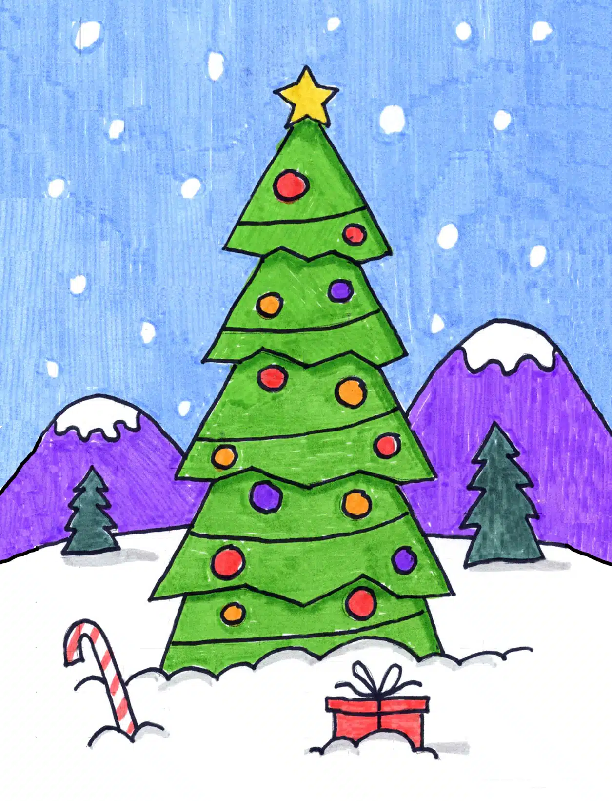 Easy how to draw a christmas tree tutorial video coloring page