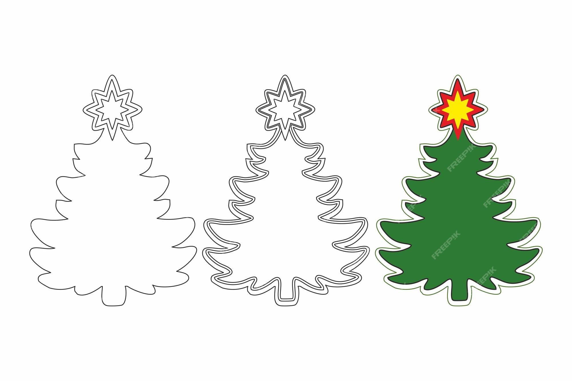 Premium vector simple christmas new year tree coloring book page for kids colored and black white outline set