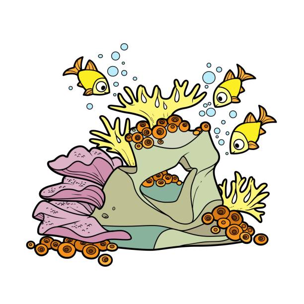 Coral reef inhabitants fish around sponges and color variation for coloring page isolated on white background stock illustration