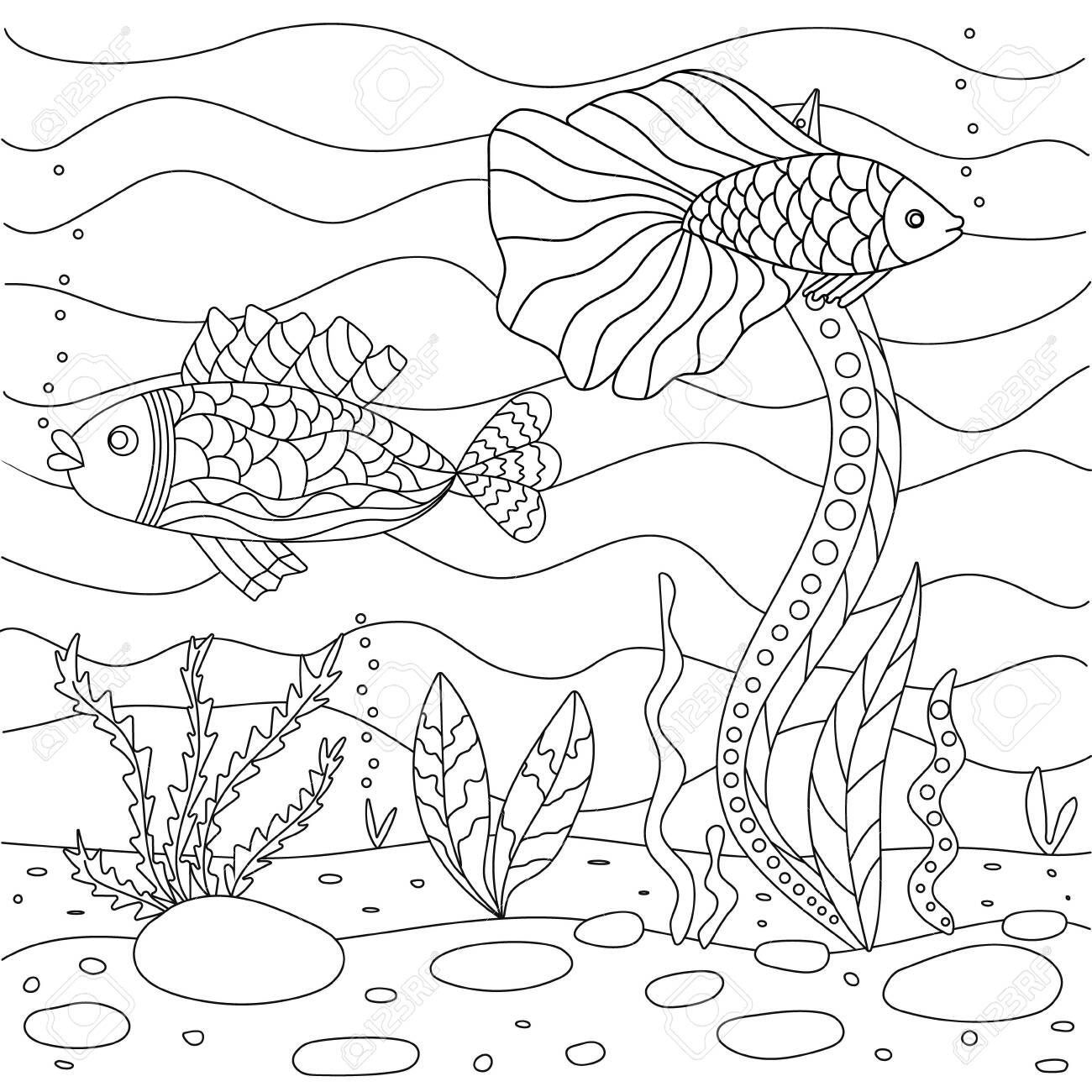 Vector illustration with algae and fish sea floor cute square page coloring book for small children simple funny kids drawing black lines sketch on a white background royalty free svg cliparts vectors