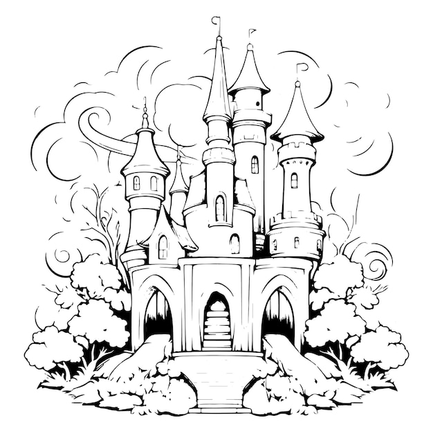 Premium vector coloring book illustration fantasy castle kawaii coloring page