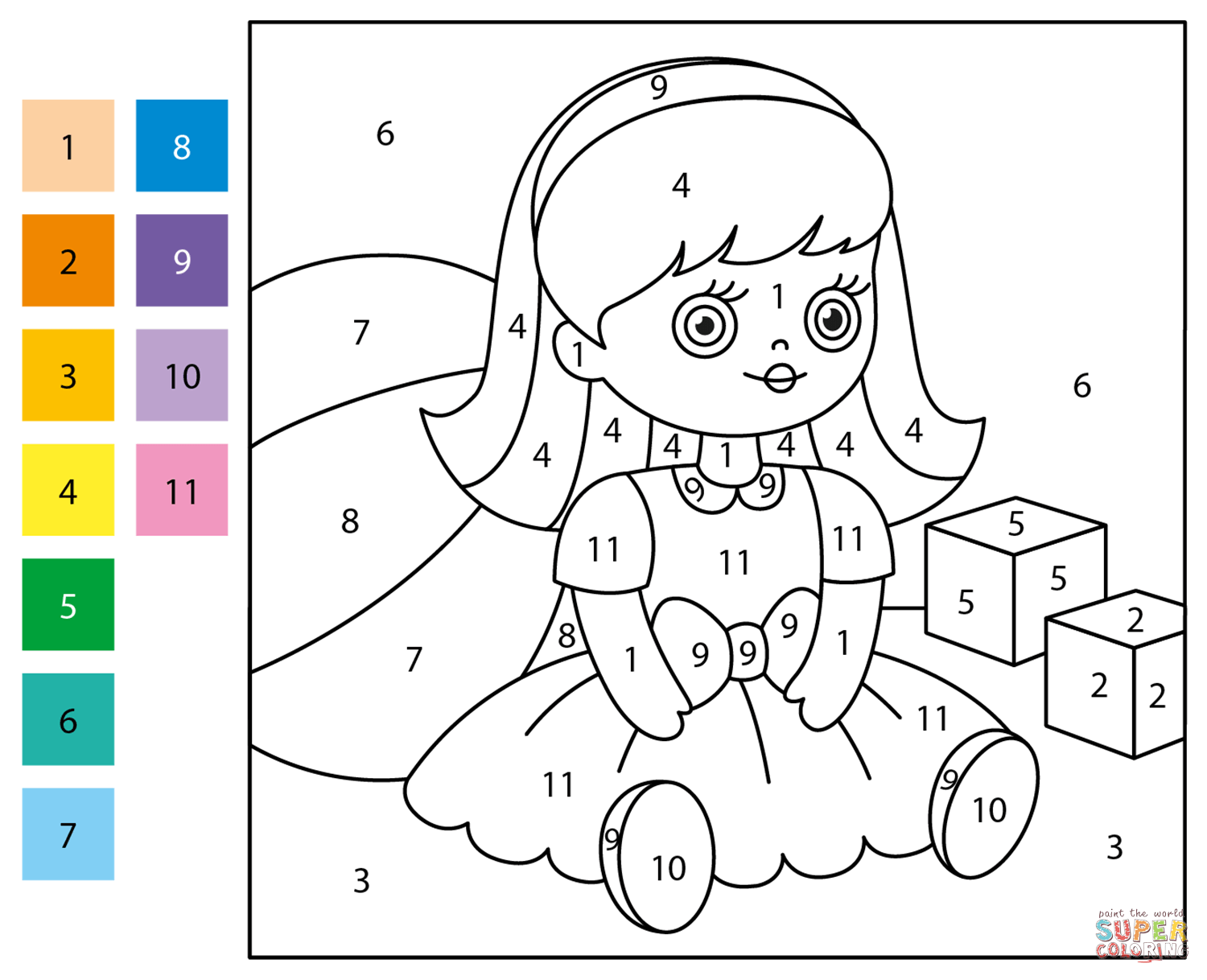 Doll color by number free printable coloring pages