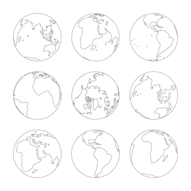Premium vector planet earth set line sketch globe collection hand drawn simple global world map abstract outline