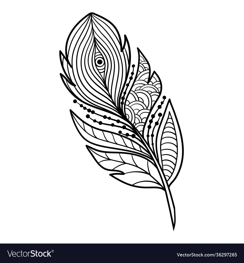 Feather in zen art style coloring page royalty free vector
