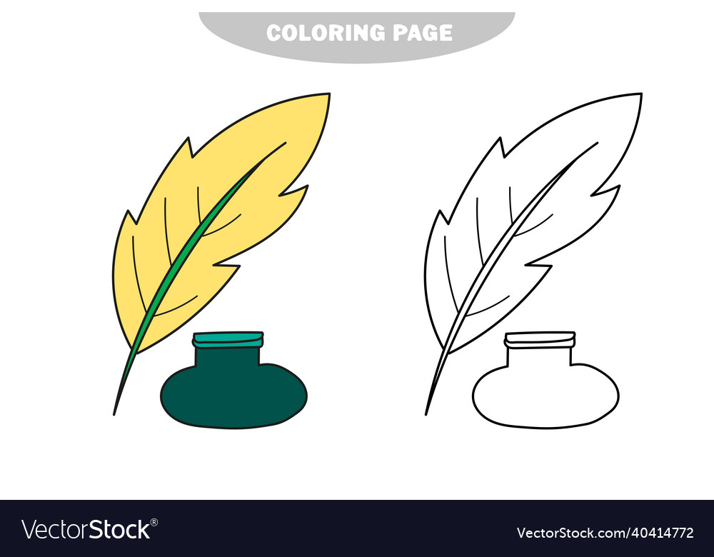 Simple coloring page inkpot and feather cartoon vector image