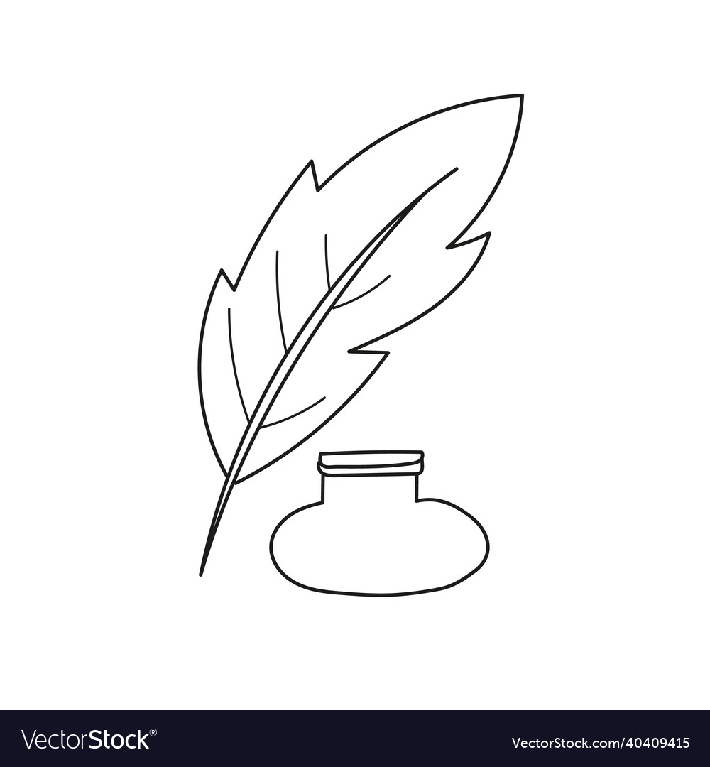Simple coloring page inkpot and feather cartoon vector image