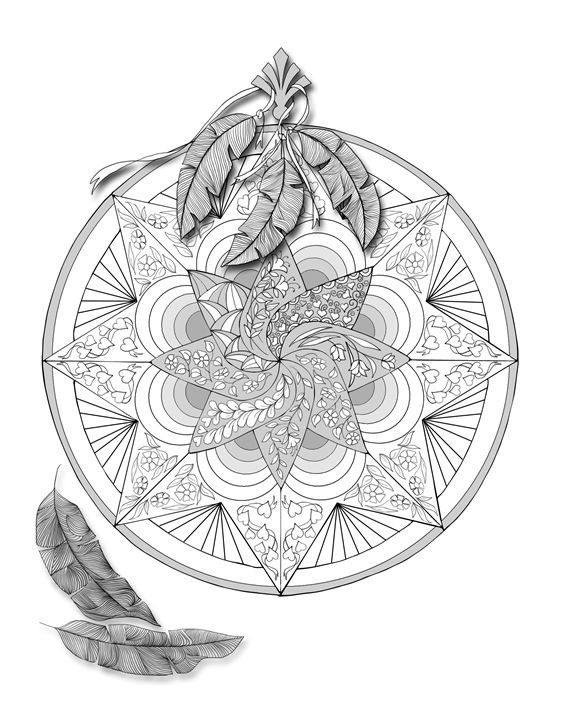Mandala with feathers ready to color