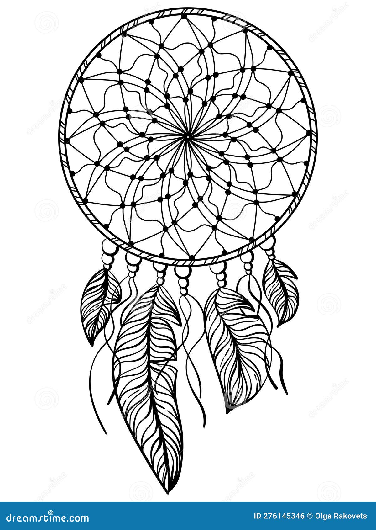 Dreamcatcher meditative coloring page simple wicker mandala decorative feathers with beads and threads stock vector