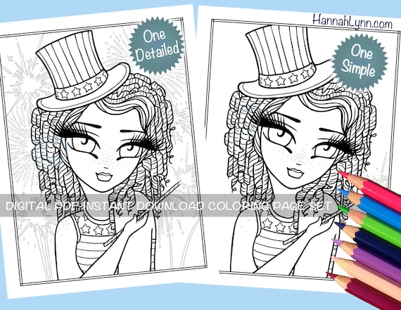 Th of july coloring page set independence day summer fireworks whimsy girl line art pdf download printable hannah lynn