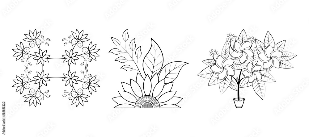 Set of floral line art hand drawn simple flower coloring pages for kids and adult vector