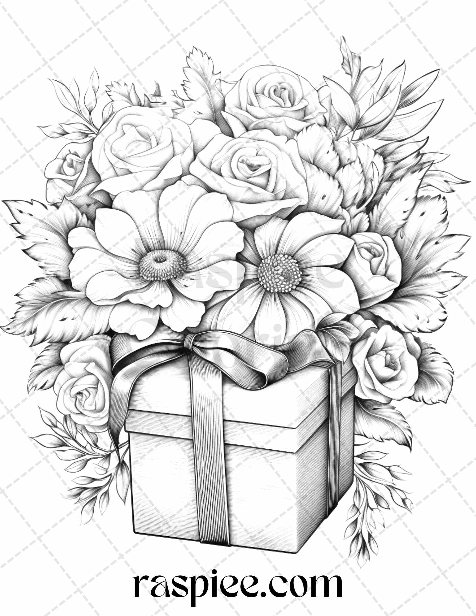 Flower gift box grayscale coloring pages printable for adults kids â coloring