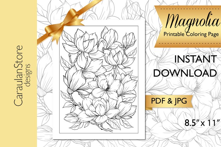 Floral coloring book page magnolia coloring page jpg pdf