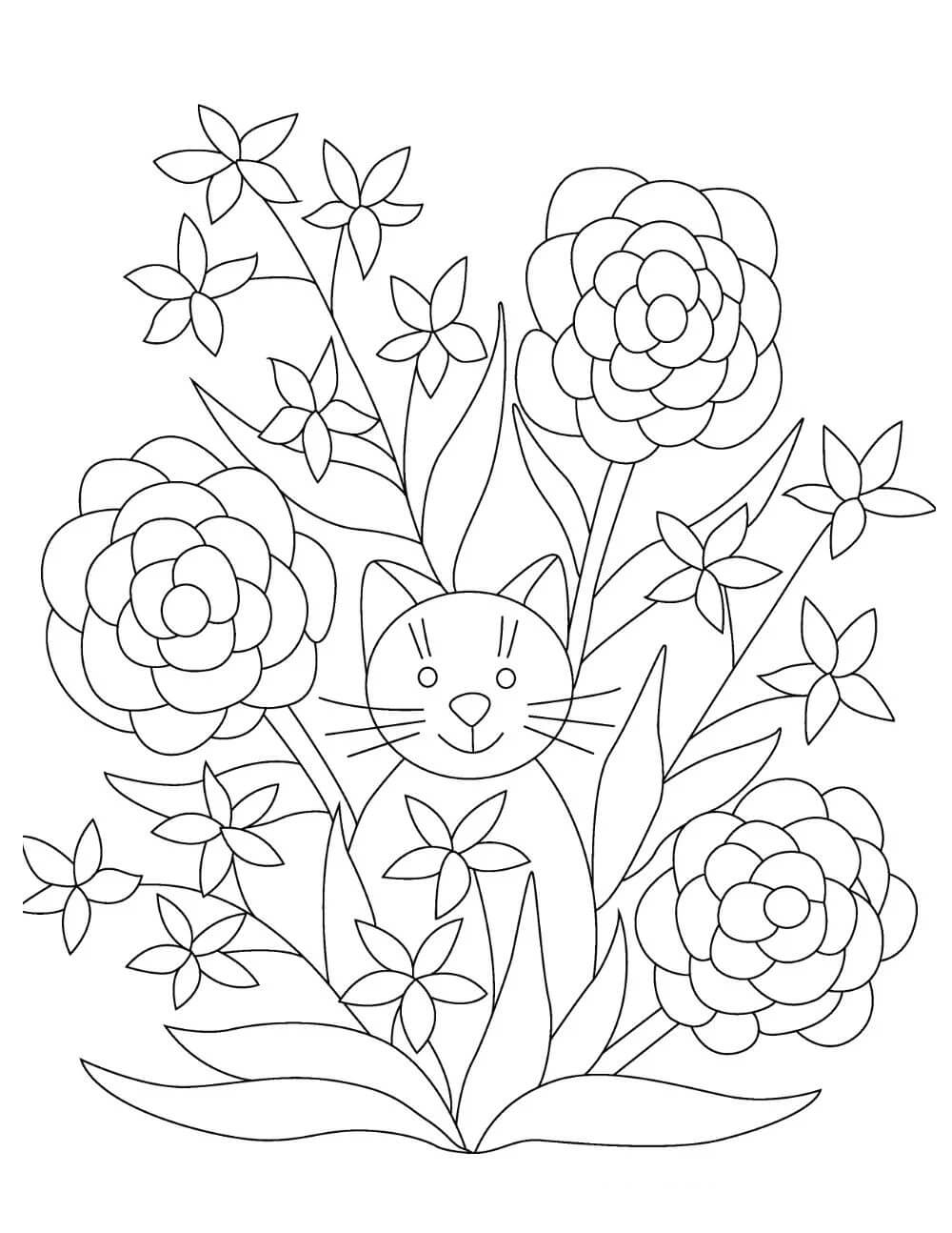 Cat with flowers coloring page