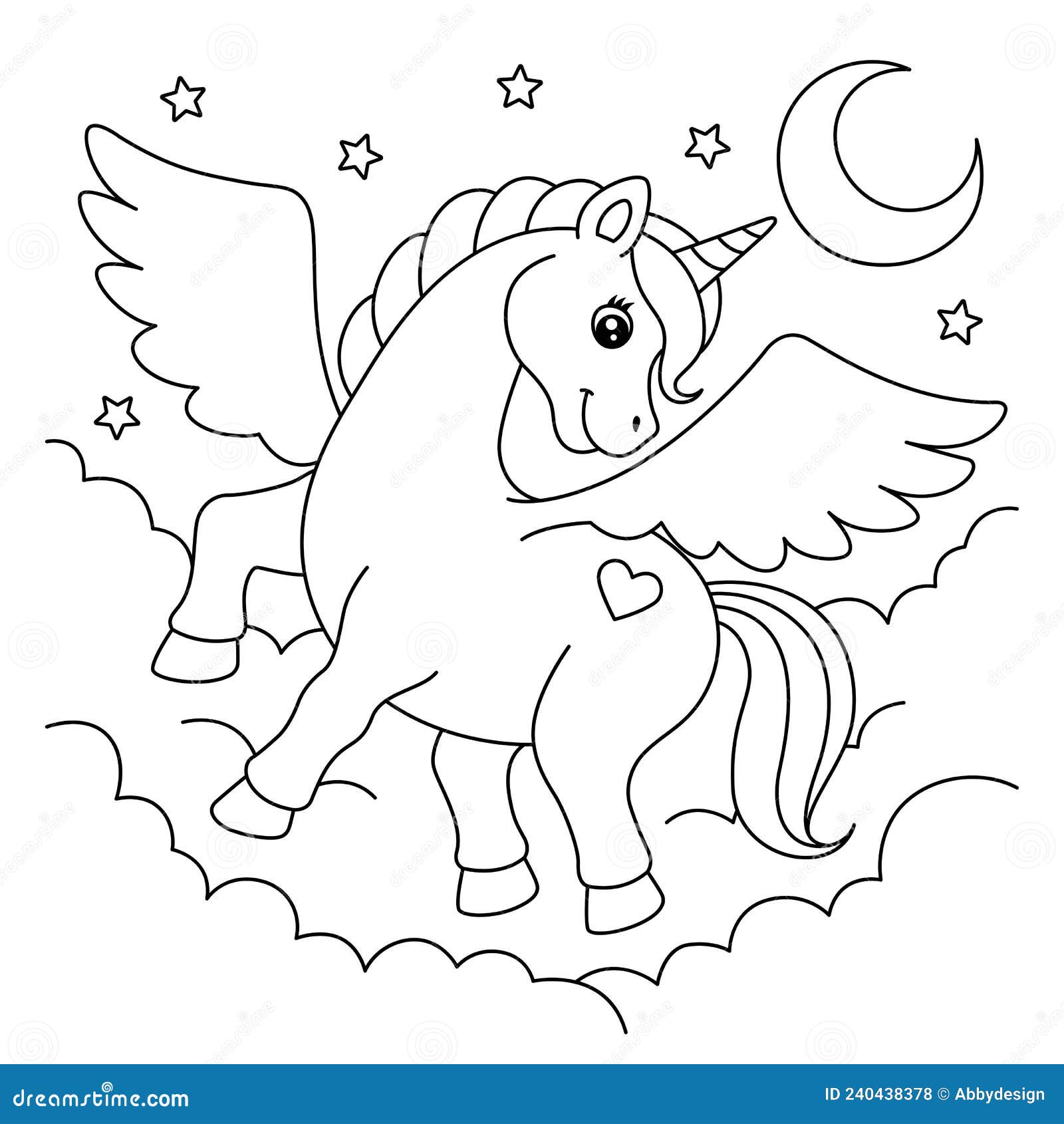 Flying unicorn coloring page for kids stock vector