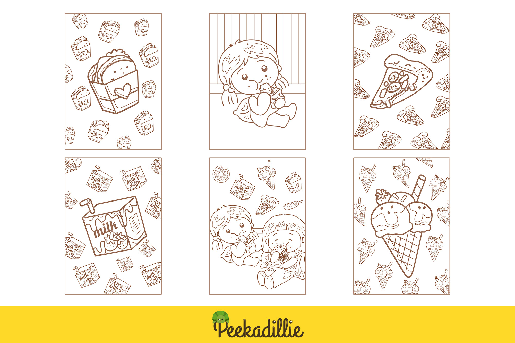 Happy funny girl love to eat food and drink with friends milk pizza sandwich donut ice cream cola bottle fried chicken coloring pages for kids and adult