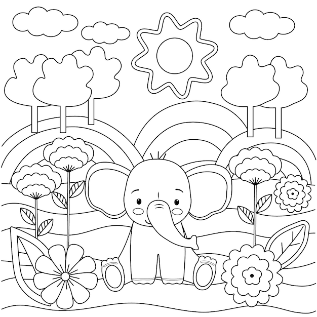 Premium vector kids coloring book with cute elephant trees and flowers simple shapes contour for small children cartoon vector illustration