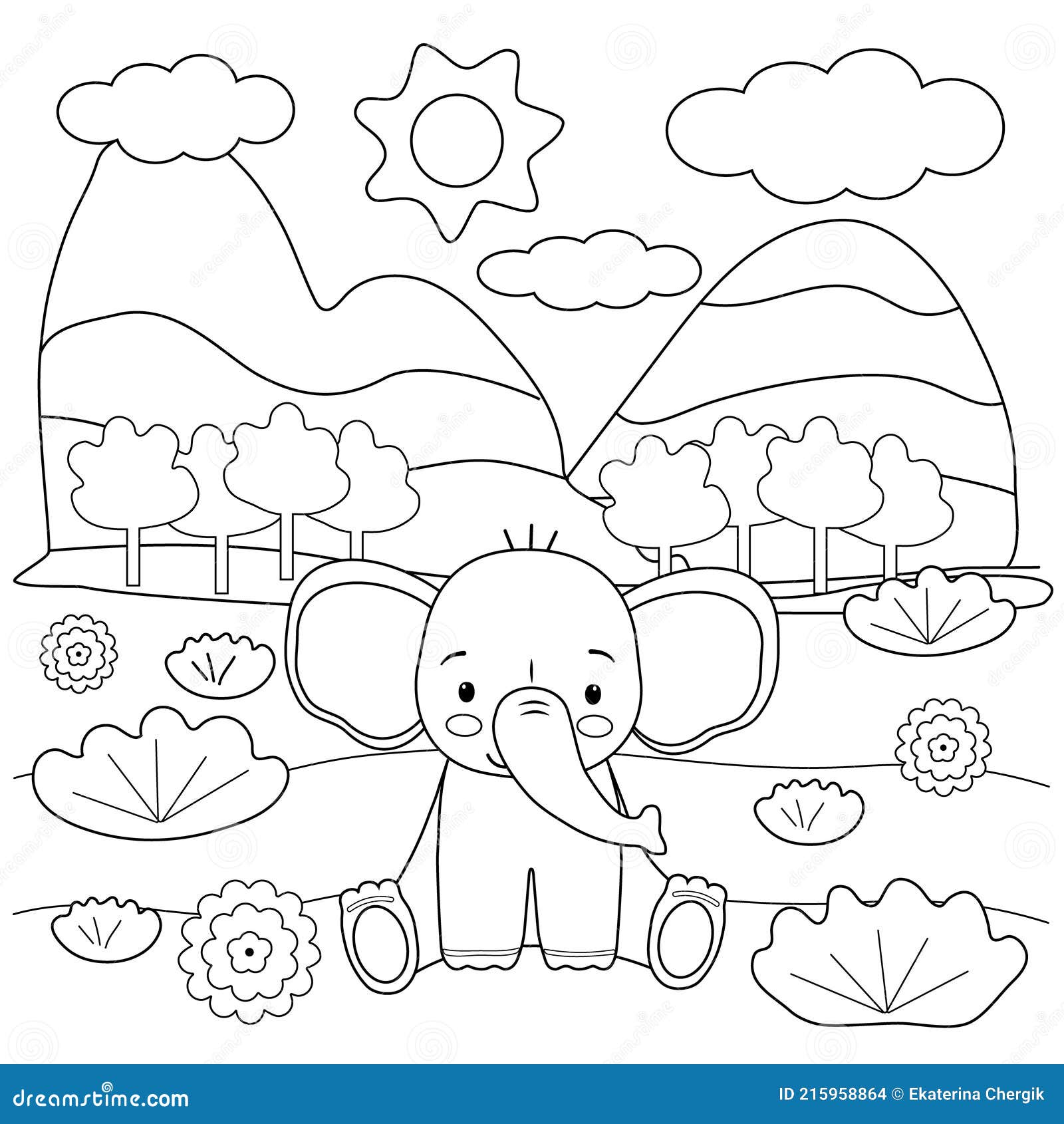 Kids coloring book with cute elephant trees and flowers simple shapes contour for small children stock vector