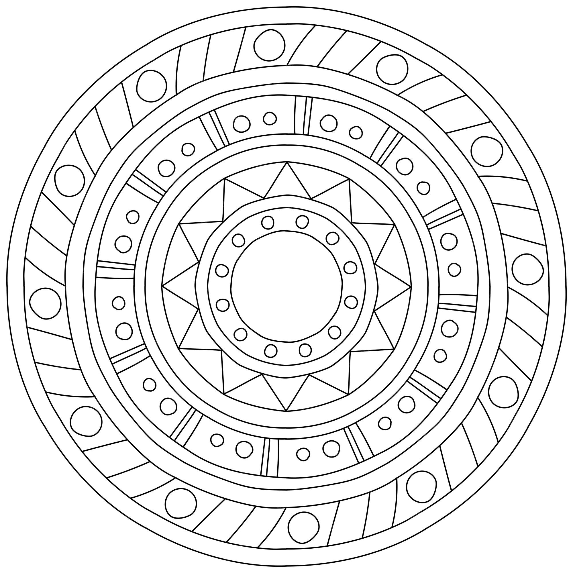 Premium vector simple contour mandala in with geometric shapes coloring page in the form of a circle with simple patterns