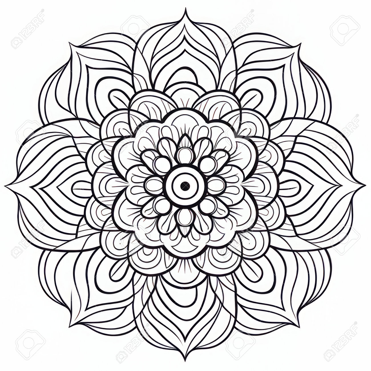 This mandala coloring page features a stunning geometric design that draws inspiration from intricate floral arrangements and eastern