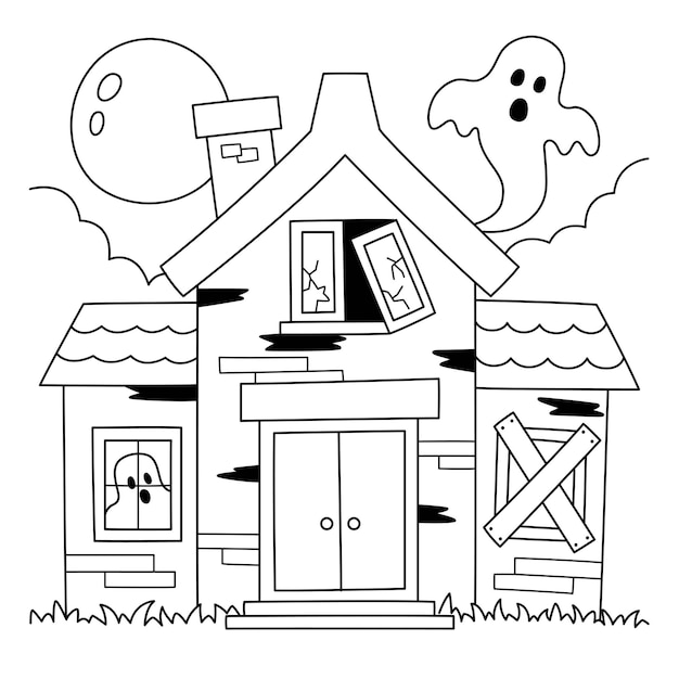 Premium vector haunted house halloween coloring page for kids