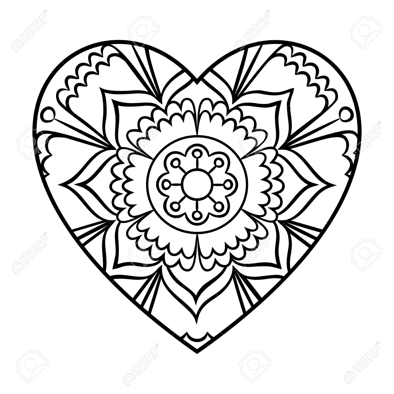 Doodle heart mandala coloring page outline floral design element in a heart shape coloring book pattern decorative round flowerlove acceptance positive energy concept illustration royalty free svg cliparts vectors and stock illustration