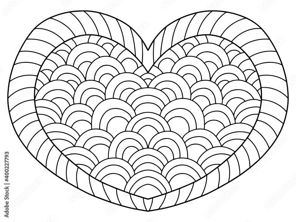 Simple symmetry hand drawn heart coloring page for kids and adults vector funny valentines day horizontal worksheet for printing and enjoy black outline heart shape white isolated one of a series
