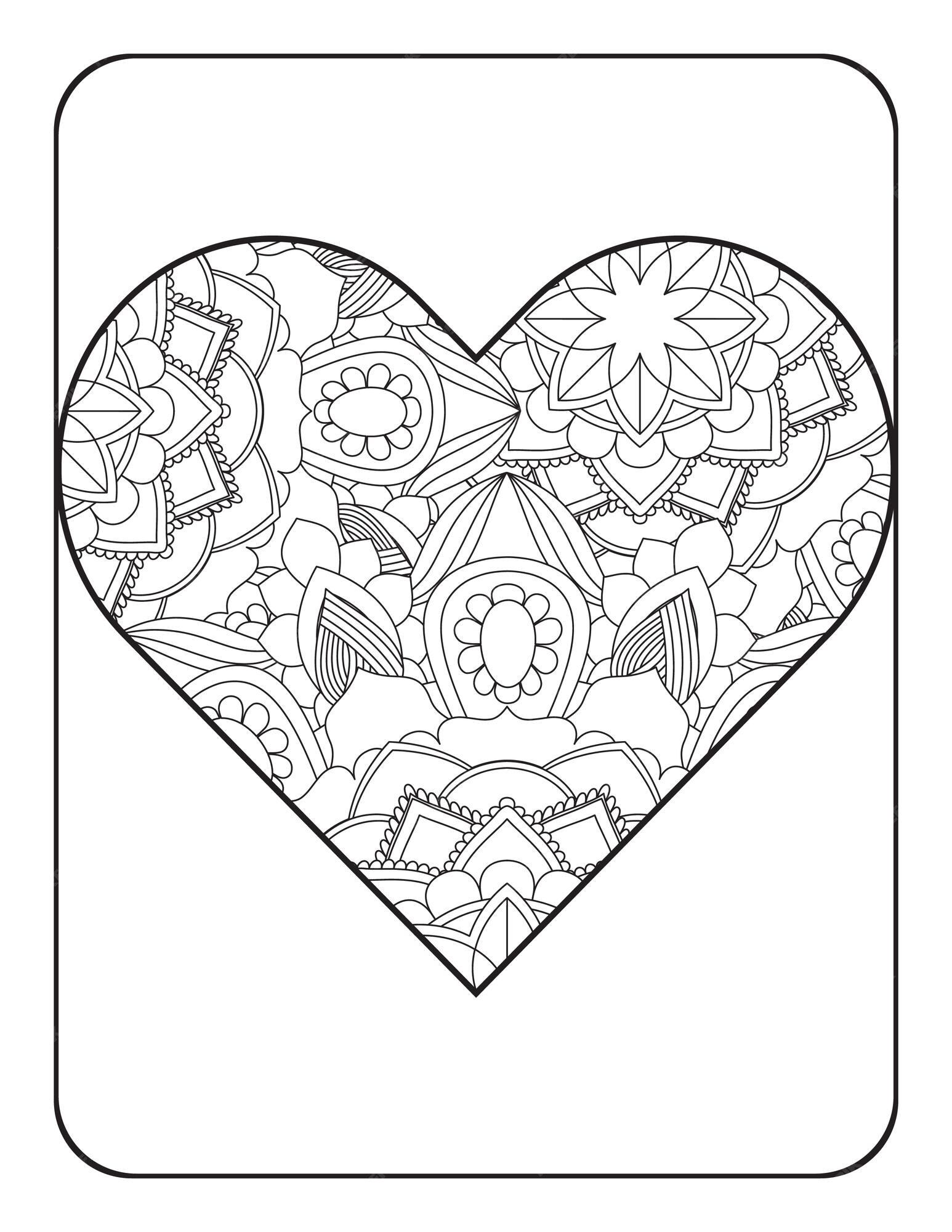Premium vector heart shape with floral mandala pattern heart coloring page coloring page for adults