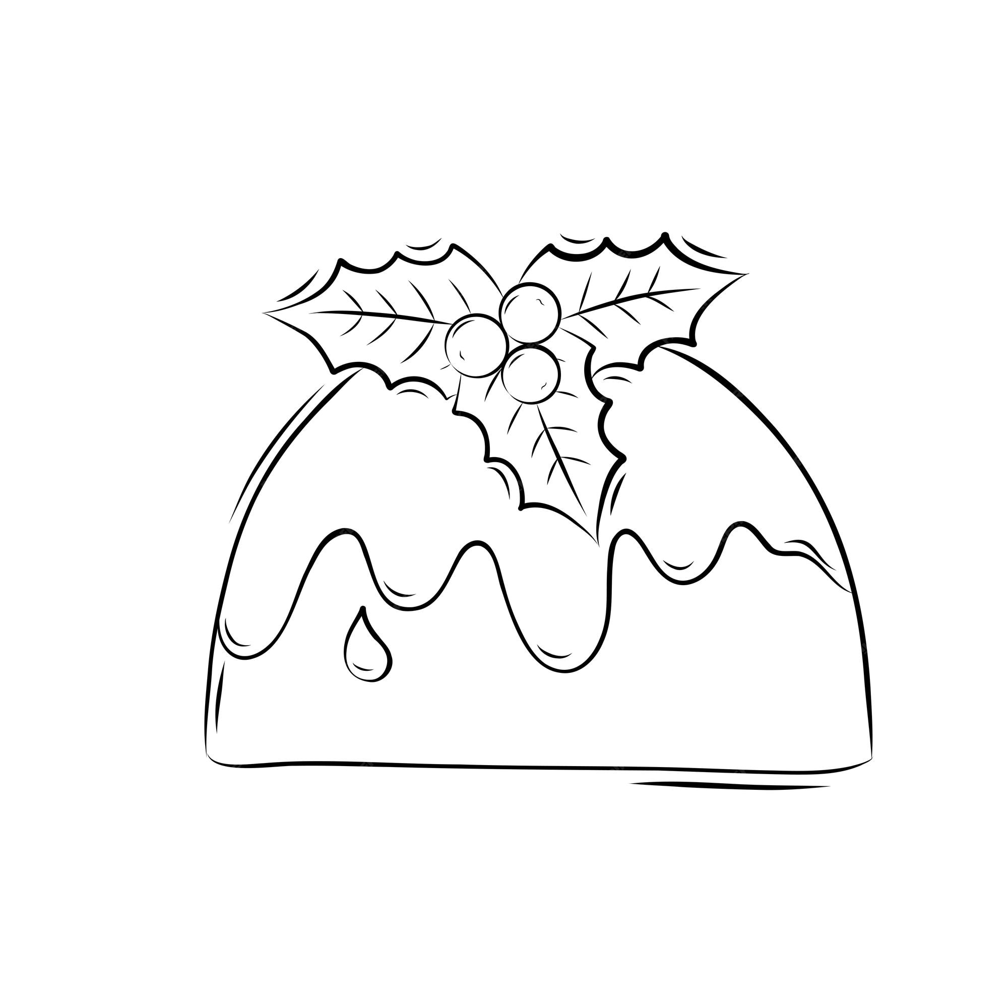 Premium vector christmas pudding decorated with sprig of holly decorative element in doodle style christmas coloring book simple vector illustration