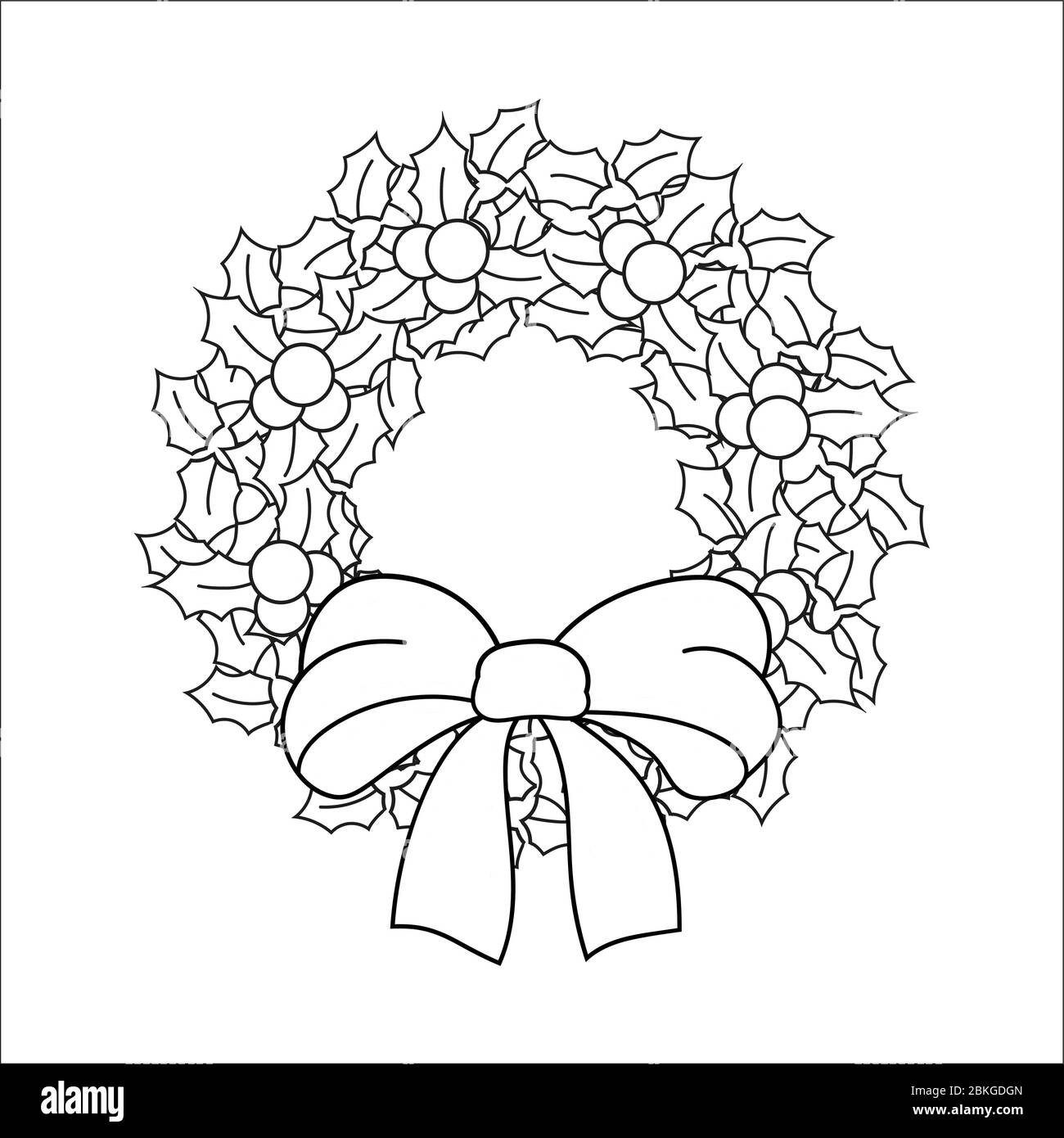 Coloring book for kids christmas wreath of holly leaves and berries decorated with a bow cartoon character vector illustration black contour silho stock vector image art