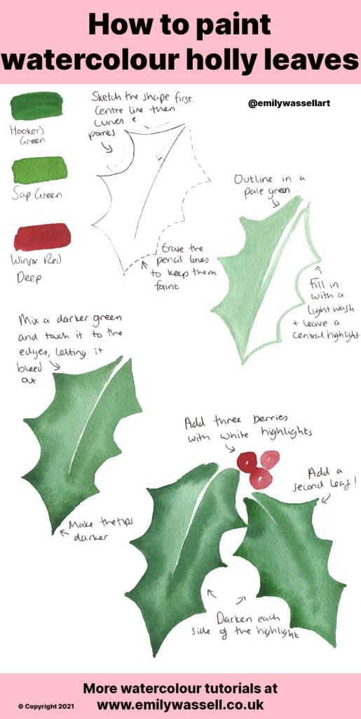 Tutorial how to paint holly leaves in waterlour emily wassell