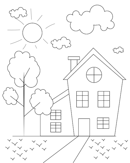 Premium vector simple house coloring page design coloring book design house outline design