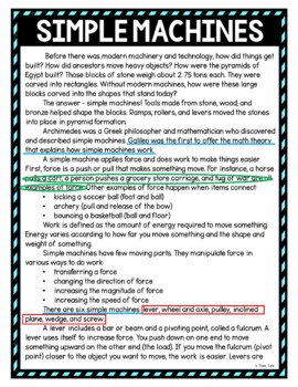 Simple machines color by number reading passage and text marking