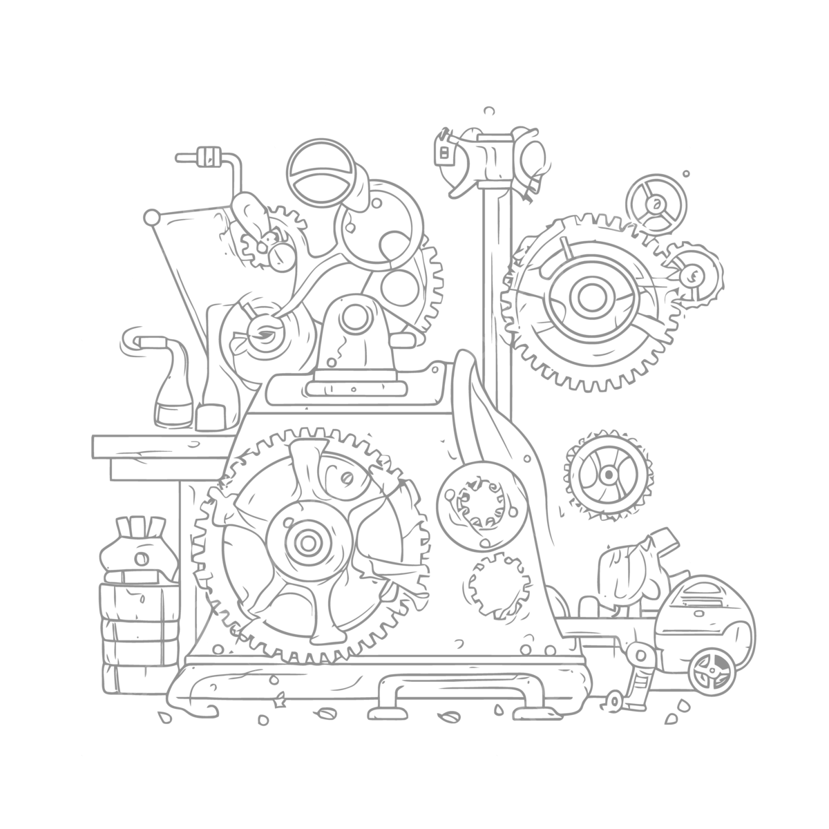 Line drawing of gearwork and gears coloring page with a steam engine on white background outline sketch vector simple machine drawing simple machine outline simple machine sketch png and vector with transparent