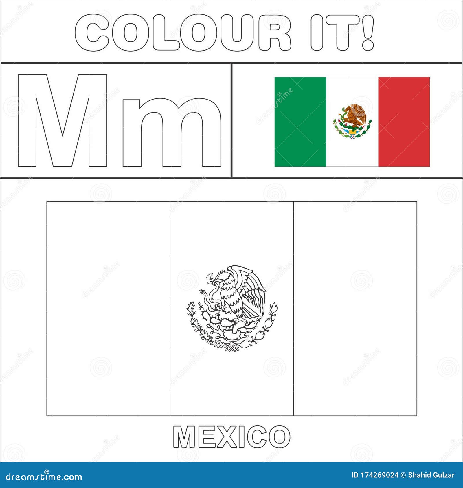 Colour it kids colouring page country starting from english letter m mexico how to color flag stock illustration
