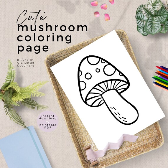 Cute mushroom coloring page printable mushroom coloring sheet simple coloring page mindfullness activity instant digital download pdf