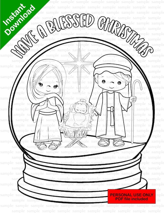 Nativity coloring page jesus birth colouring sheet saviour is born snow globe instant download pdf included
