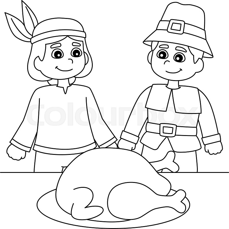 Thanksgiving pilgrim native american boy coloring stock vector