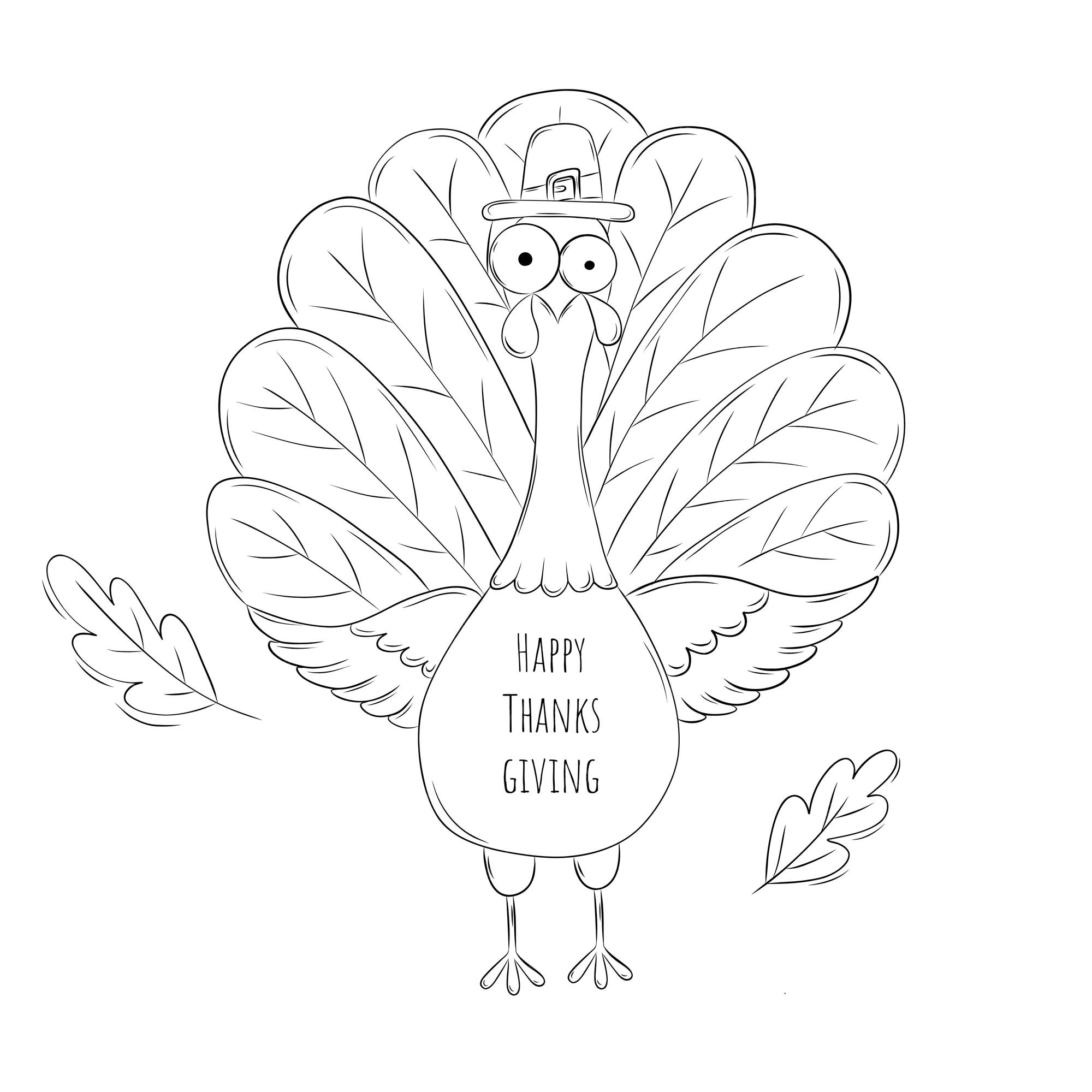 Premium vector cute funny turkey in pilgrim hat decorated with autumn leaves with beautiful tail thanksgiving greeting card simple vector illustration in doodle style holiday coloring book for children and adults